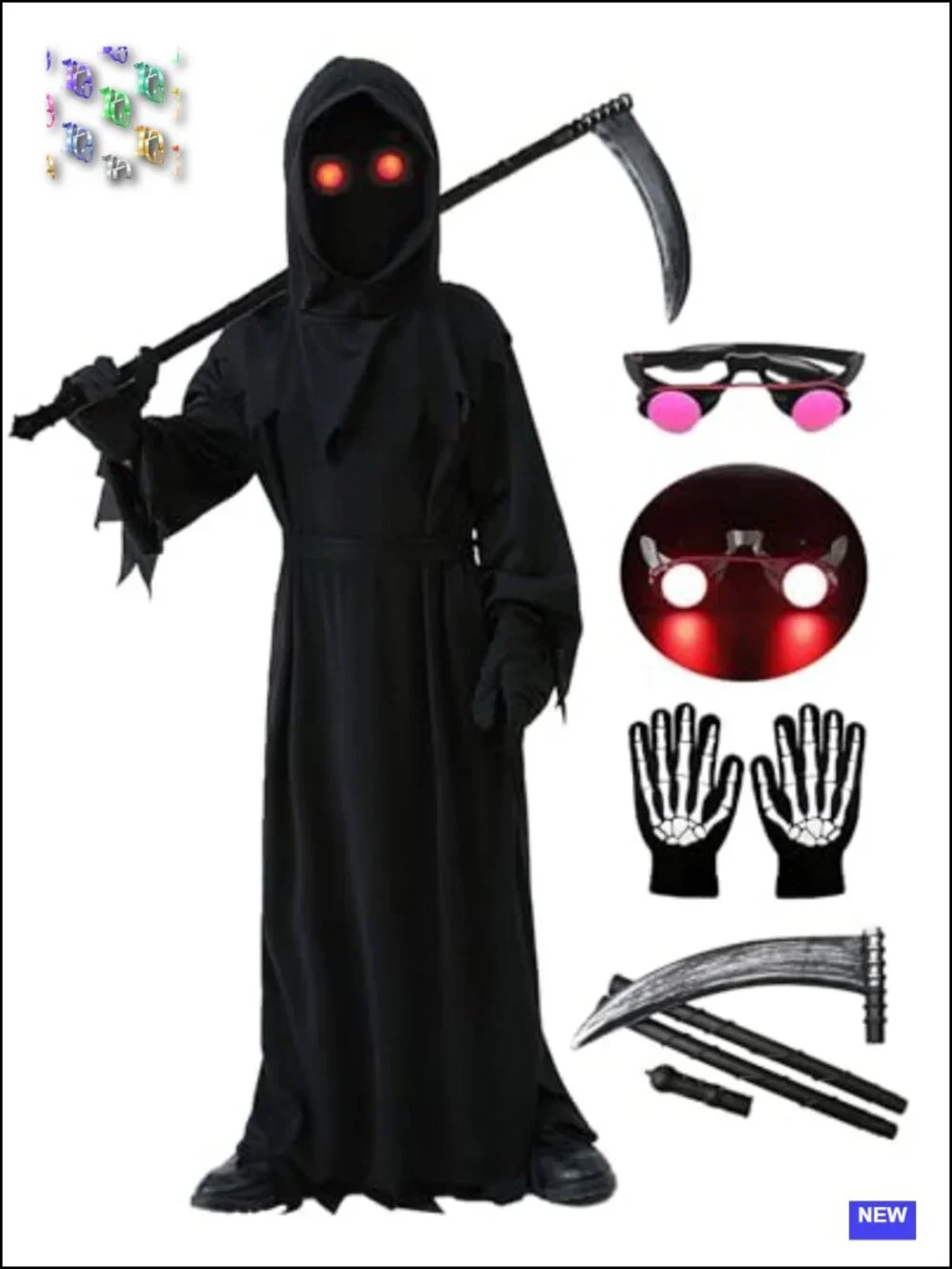 Kids Grim Reaper Halloween Costume 6pc Set Glowing Mask Hooded Robe